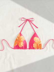 Swim Mod Floral Print Cute & Fashionable Halter Backless Bikini Top For Summer Beach Vacation - Pink - View 4