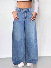 SHEIN Teen Girl Grunge Punk Vintage Washed Slanted Pocket Baggy Wide Leg Jeans, Streetwear, School