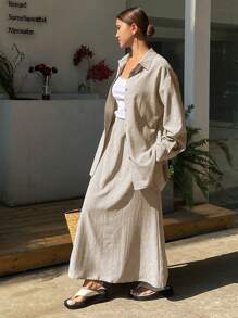 DAZY Women's 2pcs Casual Solid Color Linen Loose Outfit Set, Western Style Beach Holiday Suit For Spring,Fall Clothes Lounge Sets For Women - Apricot - View 3