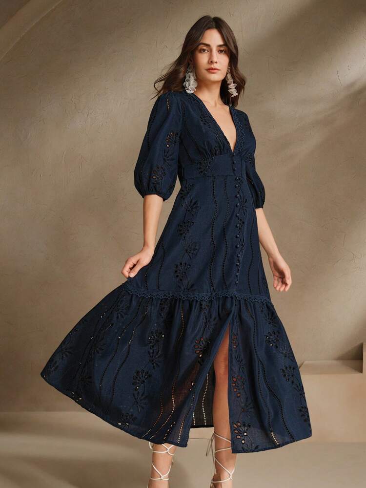 Festival Blue V-Neck Split Ruffle Hollow Out Embroidery Elegant Vacation Dress, Suitable For Summer Beach, Valentine's Day, New Year's Outfit Dresses For Women Elegant Women Formal