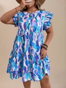 Travachic Plus Size Boho Vacation Round Neck Short Cap Sleeve Fluffy Feather Print Dress, For Summer,Beach Dress Sundress,Holiday Outfits