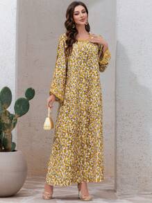 Al Najma Floral Print V-Neck Ruffled Trim Loose Flared Sleeve Arabic Style Dress,Modest - Yellow - View 4