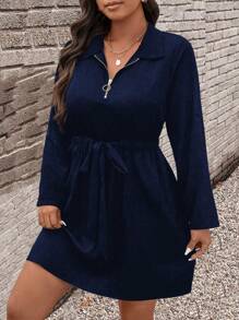 SHEIN LUNE Rochie ocazională cu mâneci cu manșete, cu fermoar, cu talie strânsă, mărimi plus - Albastru marin - Vizualizare 3