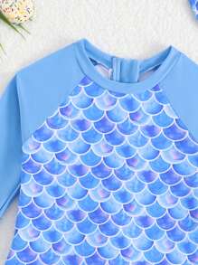 Mermaid Print Long Sleeve Loose One-Piece Swimsuit - Blue - View 3