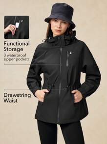 OutZeal 女士防水防风拉链连帽抽绳腰带户外夹克 徒步露营 秋冬