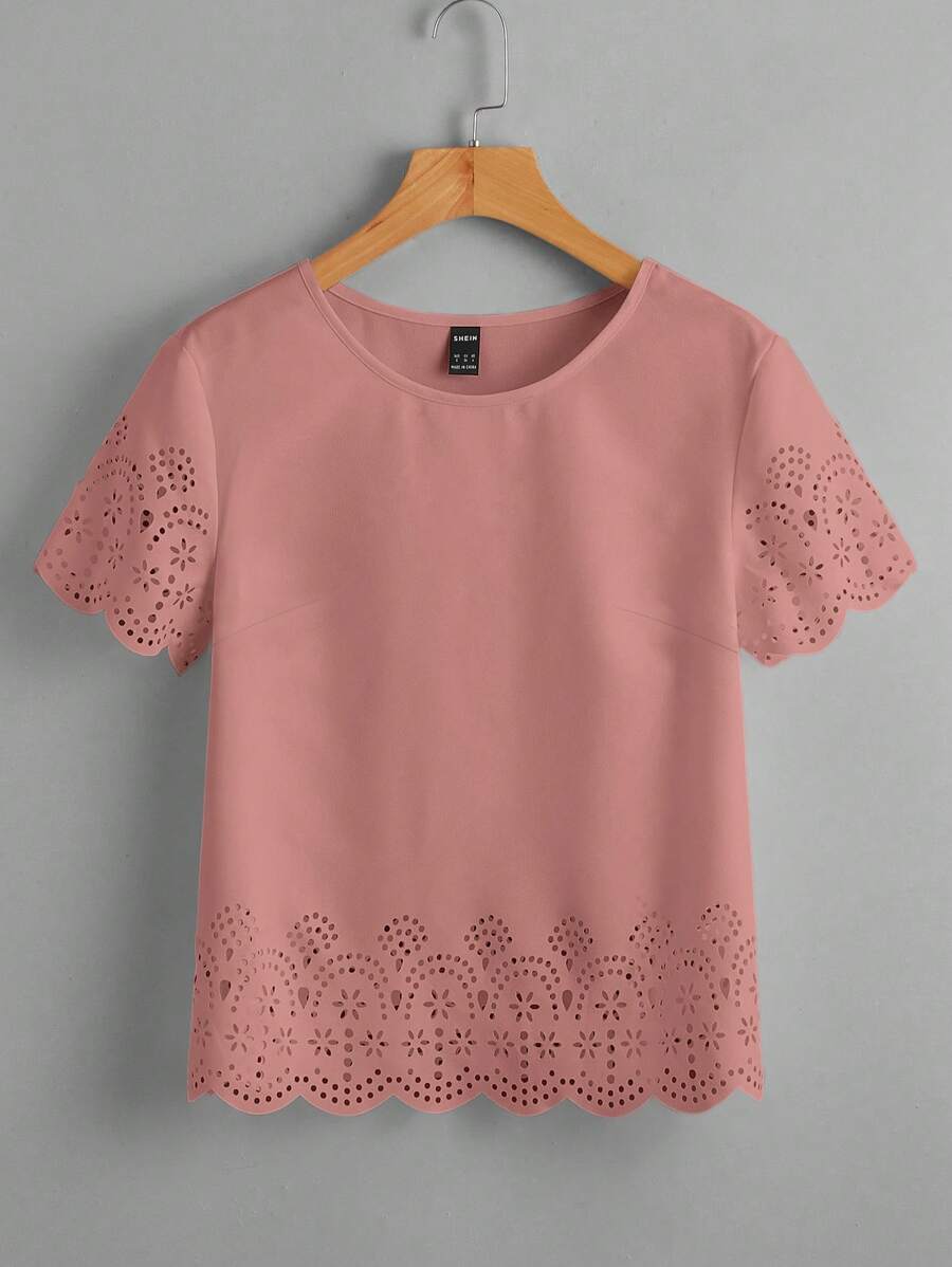 SHEIN Clasi 鏤空貝殼邊素色上衣 - 藕粉色 - 查看 1