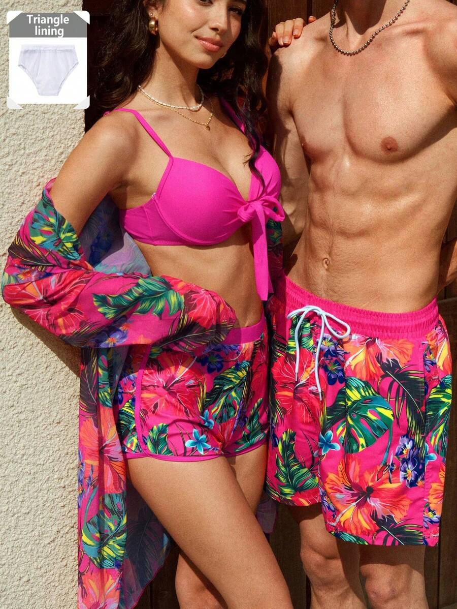 Manfinity Swimmode Boyfriend Men's Plant Print Drawstring Waist Beach Shorts - Hot Pink - View 1