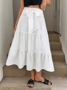 SHEIN LUNE Jupe plissée à taille haute avec nœud, ourlet multicouche en forme de A. Jupe élégante de vacances en tissu texturé pour femmes. Jupe bohème à volants pour femmes, festival rave occidental - Blanc - Voir 1