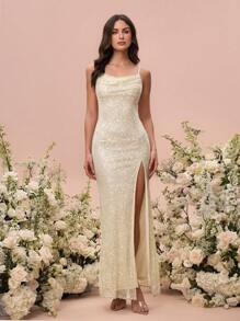 Glamine Đầm Maxi Dây Spaghetti Lấp Lánh Viền Chia Viền Kim Sa Lấp Lánh Màu Trơn Cho Nữ - Màu be - Xem 5