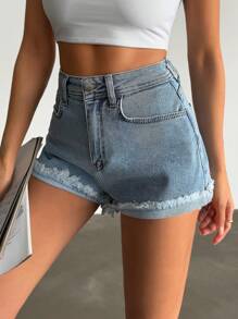 RueChic Solid Color Frayed Hem High Waist Mini Denim Shorts, Suitable For Everyday Wear - Medium Wash - View 4