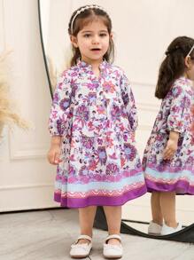 SHEIN Babygirl 可爱花卉印花短袖连衣裙，夏季 - 紫色 - 查看 4
