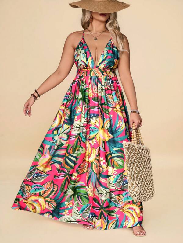 Travachic Plus Size Boho Floral Plant Print Deep V-Neck Sleeveless Summer Dress,Beach Dress Sundress,Holiday Outfits