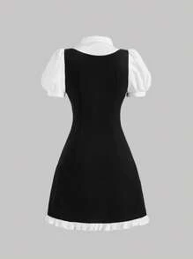SHEIN MOD Váy đen trắng 2 trong 1 Preppy, Váy trở lại trường cho phụ nữ, Váy mùa hè, Váy dễ thương, Váy ngày lễ - màu đen - Xem 2
