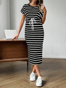 SHEIN H型下摆抽绳腰休闲连衣裙，简约时尚，适合日常穿着，孕妇装 - 黑色 - 查看 3