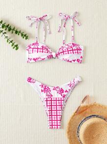 SHEIN Swim Set Pakaian Renang Bikini dan Cami dengan Motif Bunga dan Kotak-kotak untuk Liburan Pantai Musim Panas - Hot Pink - View 1