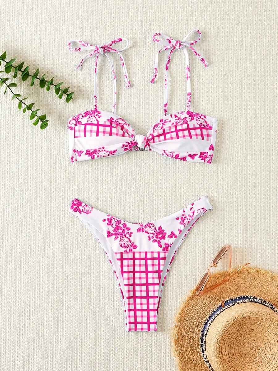 SHEIN Swim Set Pakaian Renang Bikini dan Cami dengan Motif Bunga dan Kotak-kotak untuk Liburan Pantai Musim Panas - Hot Pink - View 1