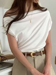 DAZY 女士斜肩褶T恤，简约时尚，适合夏季，露肩上衣 - 白色 - 查看 4