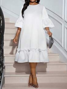 SHEIN Lady 春夏休闲优雅波西米亚风优雅休闲工作白色圆领花瓣袖长袖女装度假装女士沙滩装女士海滩度假沙滩裙婚礼宾客礼服女士商务休闲女士舞会礼服 - 白色 - 查看 7