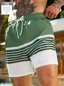 Manfinity Swimmode Shorts de playa con cordón y bolsillo con estampado de rayas para hombre, de estilo hawaiano