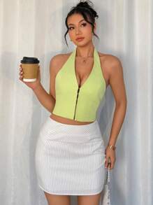 SHEIN Unity Spring/Summer Ladies Striped Low Waist Bodycon Mini Skirt - White - View 3