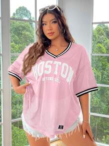 SHEIN EZwear 大码女式字母条纹 V 领落肩休闲 T 恤 - 粉色 - 查看 3