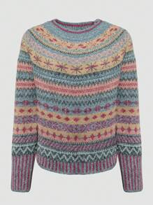 كنزة صوفية نسائية كاجوال بنمط هندسي مزخرف وخطوط، بتصميم محبوك، بلوزة شتوية - متعدد الألوان - مشاهدة 3