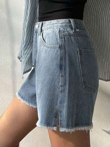 DAZY Women's Casual Distressed Hem Slit Denim Shorts - Light Wash - View 3