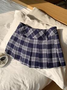 SHEIN Comfortcana 女式学院风印花百褶迷你裙 - 藍色 - 查看 5