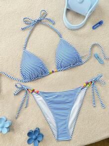 Soleia 2pcs/Set Women's Blue And White Striped Halter Tie Bikini Set,Cute Colorful Beaded Decorative Swim Suits For Women,Summer Holiday Pool Party Beachwear - Blue and White - View 1