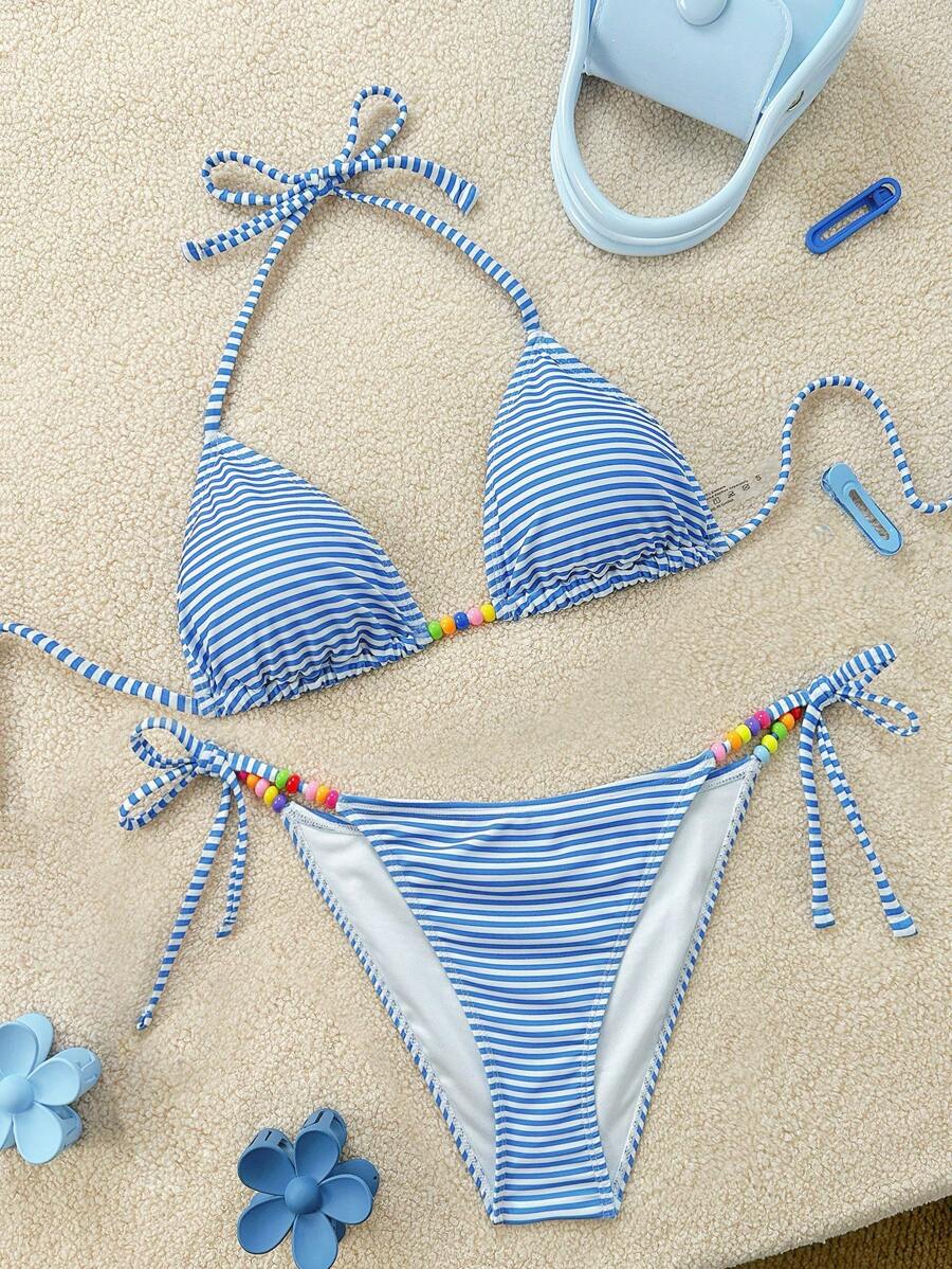 Soleia 2pcs/Set Women's Blue And White Striped Halter Tie Bikini Set,Cute Colorful Beaded Decorative Swim Suits For Women,Summer Holiday Pool Party Beachwear - Blue and White - View 1