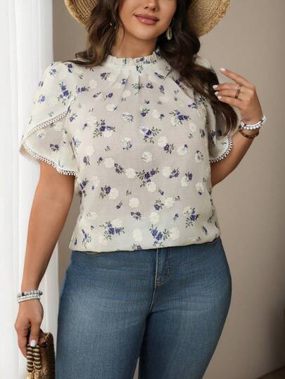 SHEIN Clasi 女式春夏荷叶边领口和下摆花卉拼布衬衫