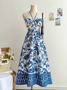 Soleia Blue & White Patterned Hollow Out Cinched Waist Romantic Casual Holiday Dress For Women, Suitable For Vacation, Date, Afternoon Tea, Music Festival, Bohemian