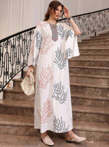 Al Najma 优雅植物印花开衩袖夏季连衣裙，朴素的长袍 - 紅色 - 查看 3