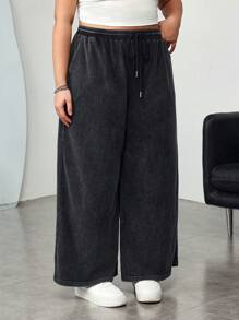 SHEIN CURVE+ Pantalones anchos de punto de tiro alto de color negro de talla grande para mujer para uso casual y al aire libre, pantalones anchos de tela fresca - Negro - Ver 5