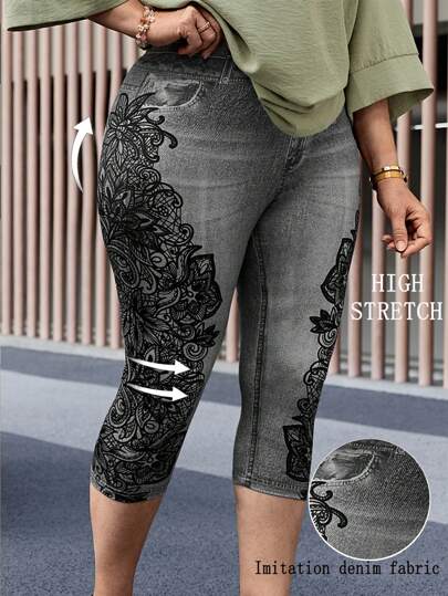 EMERY ROSE 大码女式印花牛仔效果修身七分裤，波西米亚风/夏季