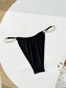SHEIN Swim Bottom de traje de baño de moda sexy con cinturilla decorada con perlas de unicolor