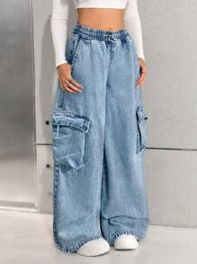 SHEIN Nastolatki Dziewczęta Y2K Wiosna Lato Vintage Jednolity Lekki Prany Ściągacz w Pasie Szerokie Nogawki Cargo Baggy Bawełniane Miękkie Spodnie Cargo Jeans, Dziewczęce Letnie Ubrania Powrót Do Szkoły Streetwear Stroje, Plaża Boho Koncert Spodnie Baggy Stroje Rave Festiwal, Strój Ukończenia Szkoły