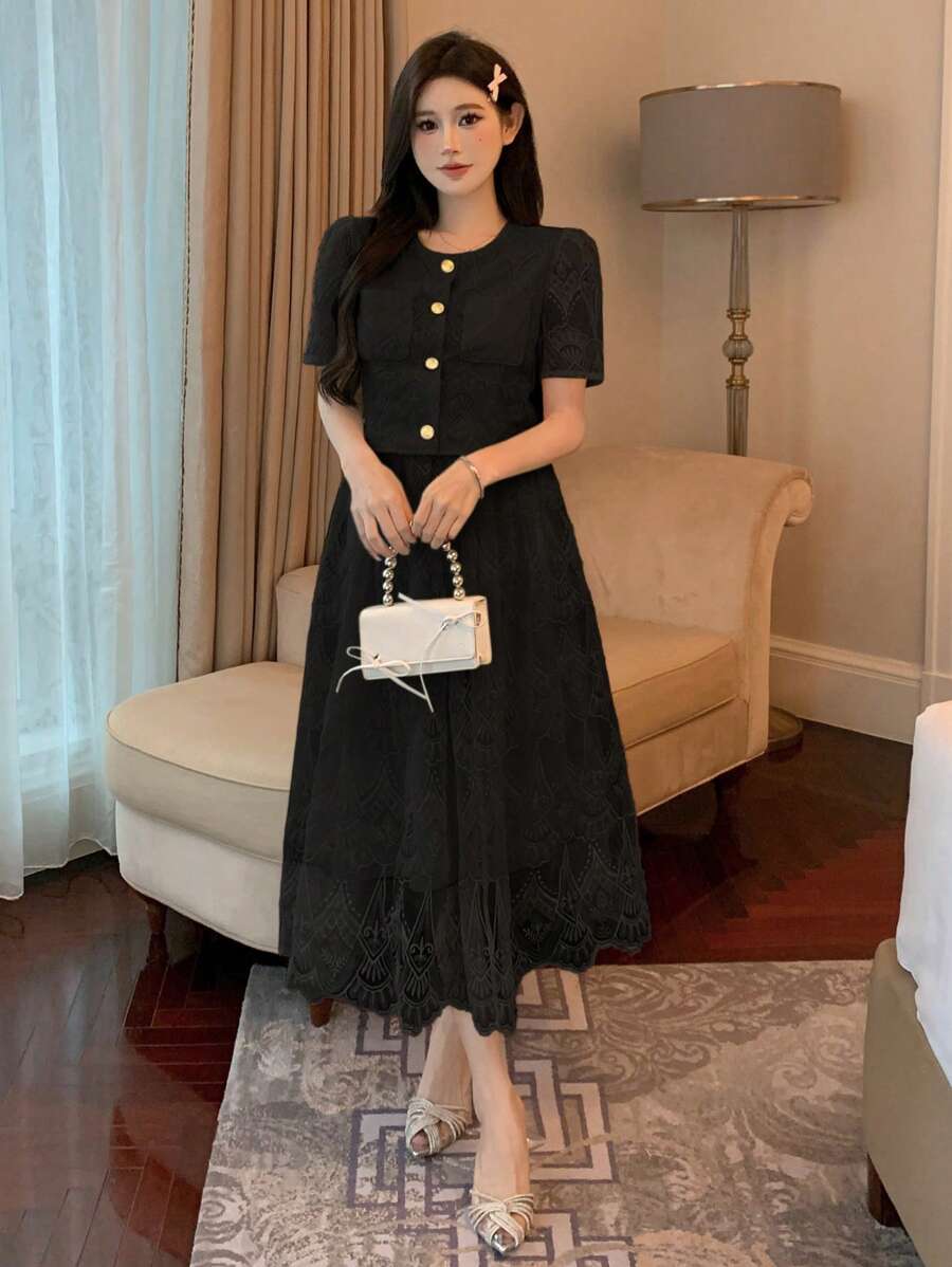 DAZY Đầm dạ hội mùa hè thiết kế nút cho nữ cổ tròn tay bồng ngắn thanh lịch - màu đen - Xem 1