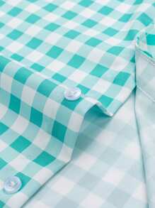 Manfinity Homme Casual Vacation Plaid Small Icon Front Single-Breasted Comfortable Long Sleeve Fashion Casual Shirt For Men, Fall - Mint Green - View 4