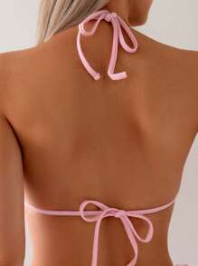 Swim Mod Conjunto de Maiô Bikini de Duas Peças com Estampa Floral, Alças Finas e Decote Nas Costas Com Laço Lateral, Look de Praia de Verão para Mulheres - Rosa chiclete - Visão 6