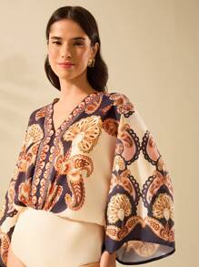 CAJUNI Ladies Boho Brown Tropical Paisley Print, Deep V-Neck Apricot One-Piece Suit, Holiday Casual Summer Beach One-Piece - Multicolor - View 6