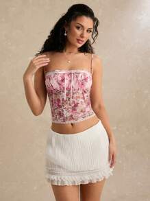 Enchnt 女士花卉印花蕾丝边修身吊带背心，适合度假 - 粉色 - 查看 5