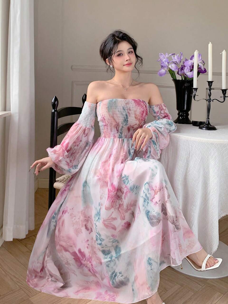 Women's Off-Shoulder Floral Print Mid-Length Dress,Fall Dress Long Sleeve Dress Maxi Dress Boho Vacation Outfits Women