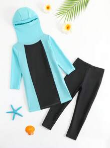 Young Girl Color Block Hooded Swimwear Top And Pants Set - Blue - View 4