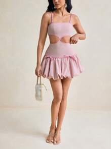 Amiko Pastel Pink Bubble Hem Cutout Smocking Mini Dress Spring And Summer Outfits, Rave, Prom Dress Women Formal Party Dress Women's Dress Women Dresses Short - Pink - View 4