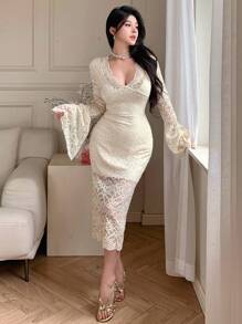 DAZY Đầm dạ hội tay loe cổ chữ V ren cho nữ, dáng dài vừa phải, thanh lịch, xếp nếp, váy cưới, váy mùa thu, váy dài tay - Màu be - Xem 10