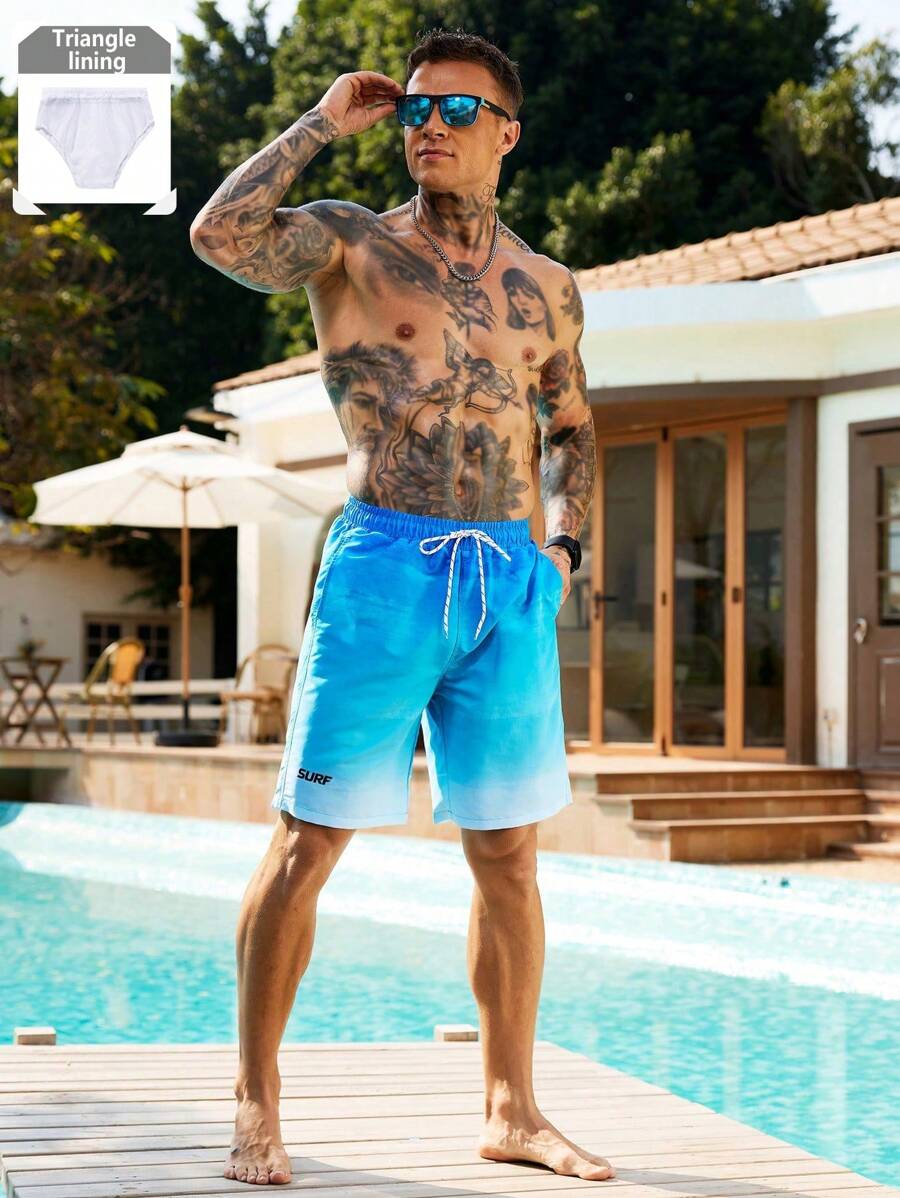 Manfinity Swimmode Men's Letter Print Drawstring Waist Casual Pockets Beach Shorts - Multicolor - View 1