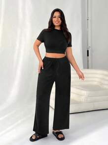 SHEIN EZwear Set de 2 piezas: Top de manga corta de punto negro y pantalones largos de talla grande - Negro - Ver 4