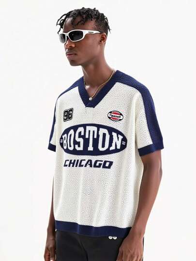 Prep Camiseta casual de punto de manga corta con cuello en V, de color contrastado y con estampado de letras para hombre