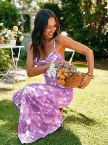 SHEIN VCAY Women Floral Ruched Bodycon Dress With Open Back, Prom Dresses For Ladies, Dresses For Women Prom,Going Out To Participate In Wedding Season Bestie Afternoon Tea Party Holiday Dress, Going Out To Participate In Music Festival Dress,Summer Dresses For Women,Lavender Dress